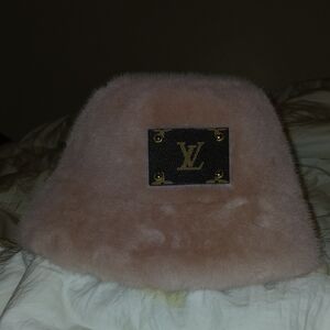 Blush Pink Faux Fur Bucket Hat with LV Plaque